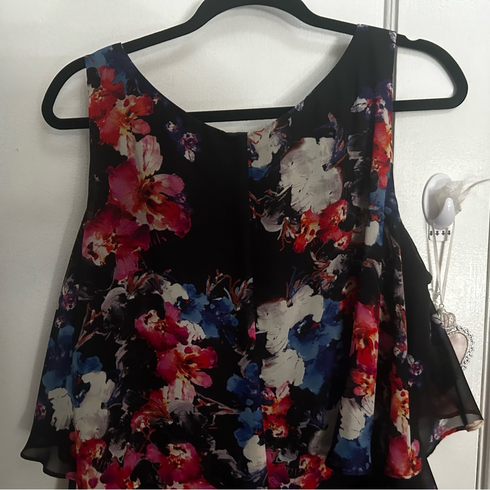 SL Fashions Black Floral Chiffon Camisole with Pink, Blue & White Blooms